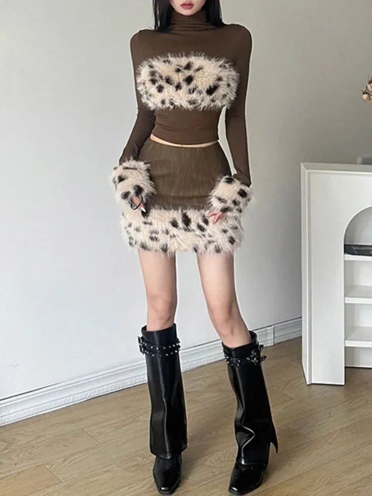 Girlary Y2k Aesthetic Patchwork Leopard Fur Women Grunge T-shirts Vintage Slim Harajuku Causal Brown Tshirts 2024 Bottoming Crop Tops