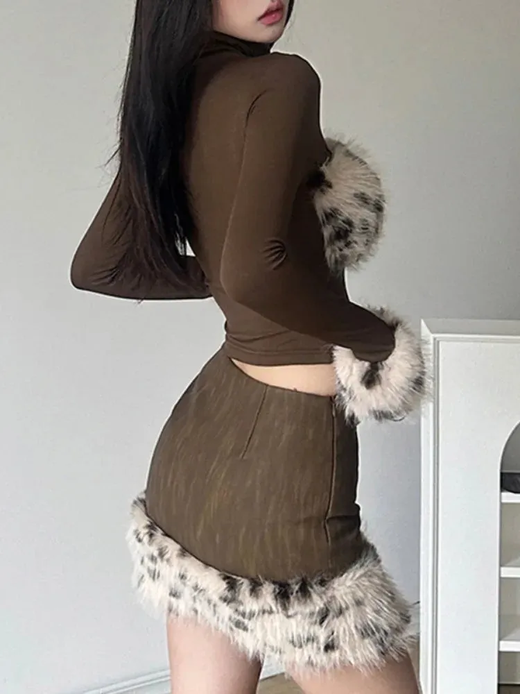 Girlary Y2k Aesthetic Patchwork Leopard Fur Women Grunge T-shirts Vintage Slim Harajuku Causal Brown Tshirts 2024 Bottoming Crop Tops