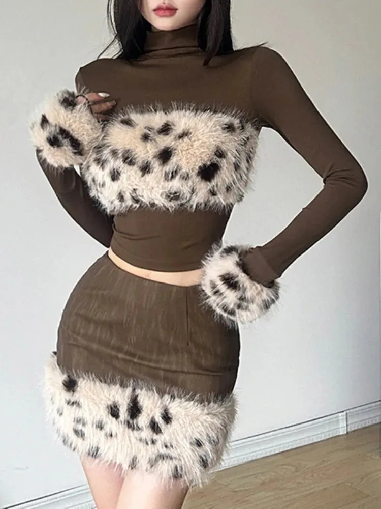 Girlary Y2k Aesthetic Patchwork Leopard Fur Women Grunge T-shirts Vintage Slim Harajuku Causal Brown Tshirts 2024 Bottoming Crop Tops