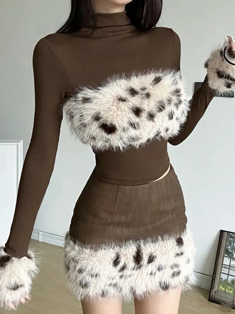 Girlary Y2k Aesthetic Patchwork Leopard Fur Women Grunge T-shirts Vintage Slim Harajuku Causal Brown Tshirts 2024 Bottoming Crop Tops