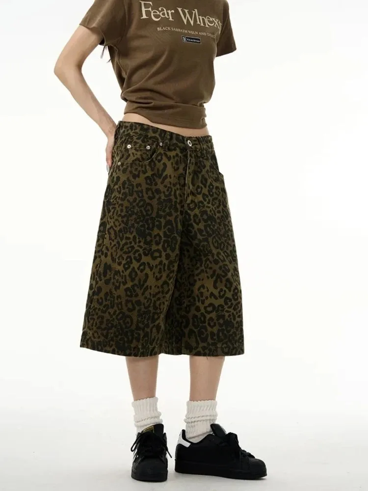 Girlary Y2k Leopard Print Jean Shorts Women American Vintage Denim Pants 2024 Summer Streetwear Style Grunge Hip Hop Shorts New