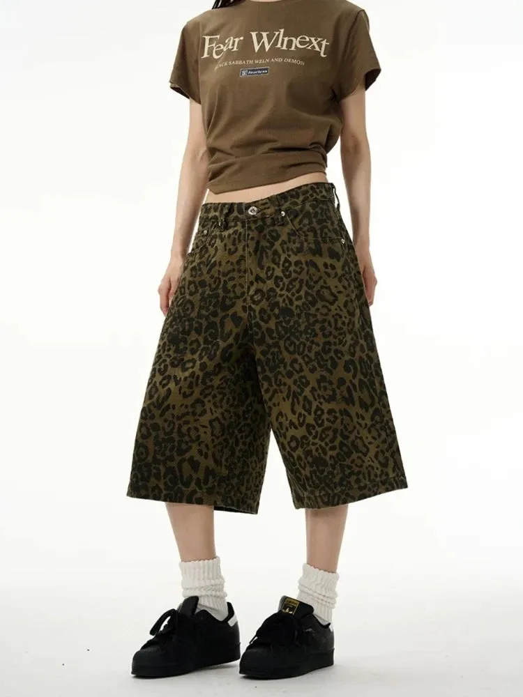 Girlary Y2k Leopard Print Jean Shorts Women American Vintage Denim Pants 2024 Summer Streetwear Style Grunge Hip Hop Shorts New