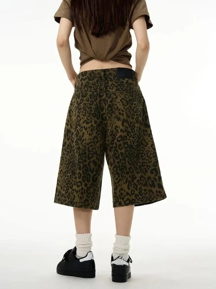 Girlary Y2k Leopard Print Jean Shorts Women American Vintage Denim Pants 2024 Summer Streetwear Style Grunge Hip Hop Shorts New