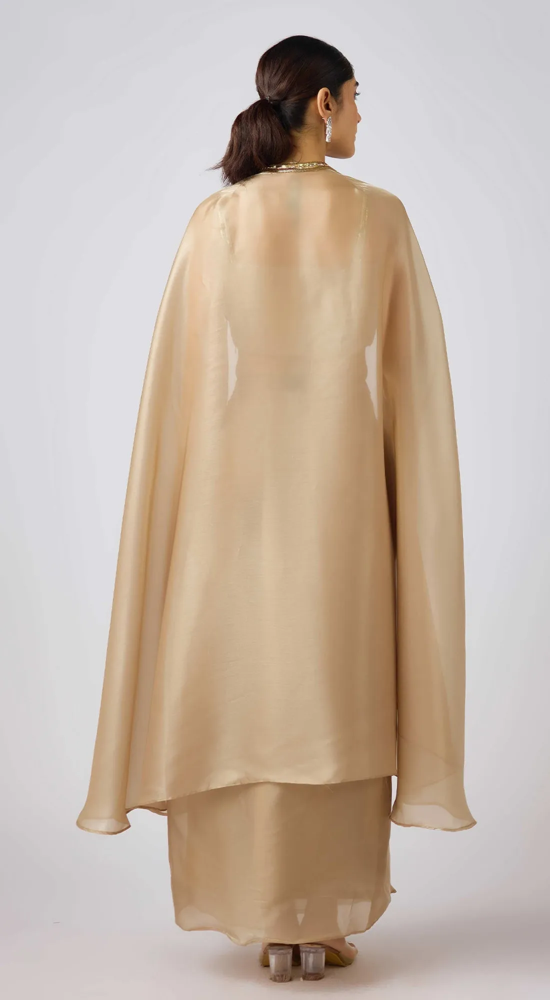 Gold Organza Embroidered Cape Set