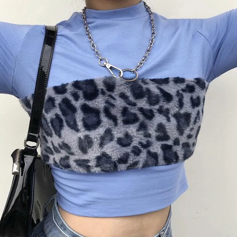 Grunge Leopard Faux Fur Pattern Long Sleeve Top