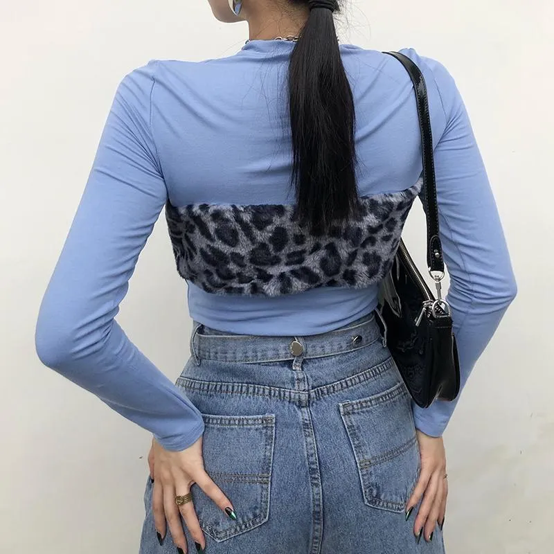 Grunge Leopard Faux Fur Pattern Long Sleeve Top