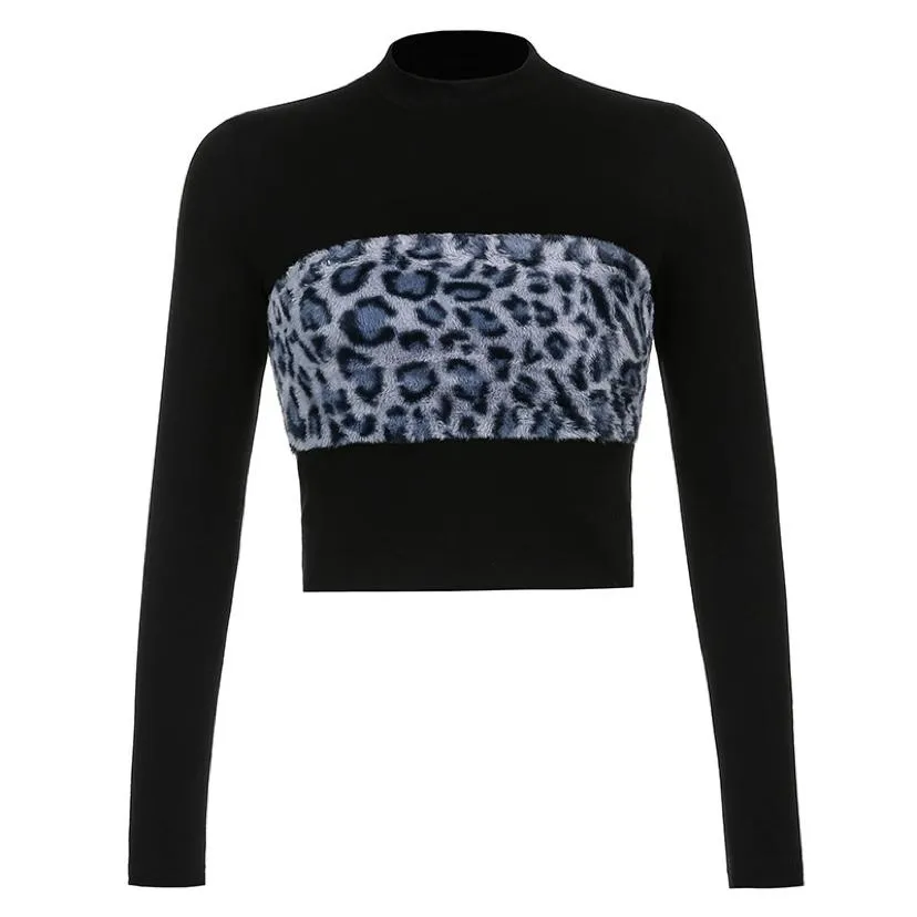 Grunge Leopard Faux Fur Pattern Long Sleeve Top