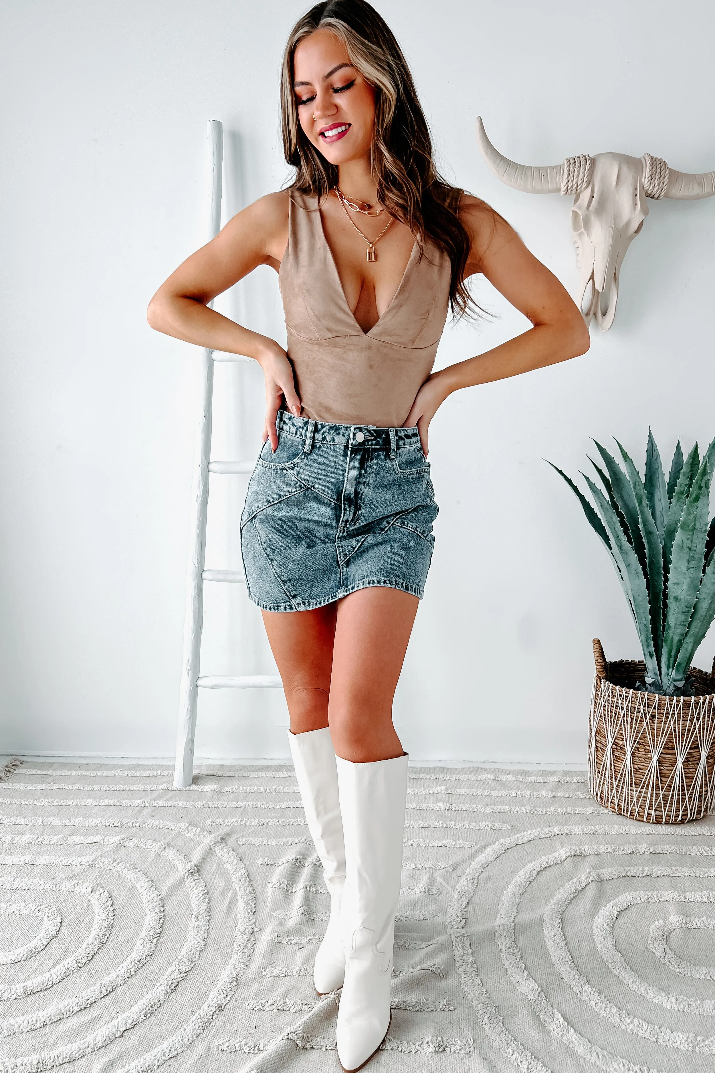 Harlynn Faux Suede Bodysuit (Taupe)