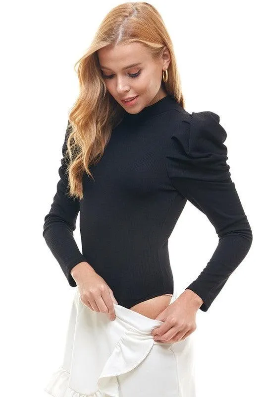High Neck Bodysuit With Long Puff Sleeve