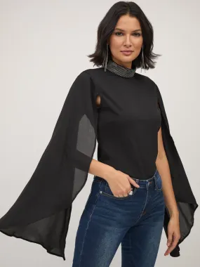 Jewel-Neck Cape-Sleeve Knit Top
