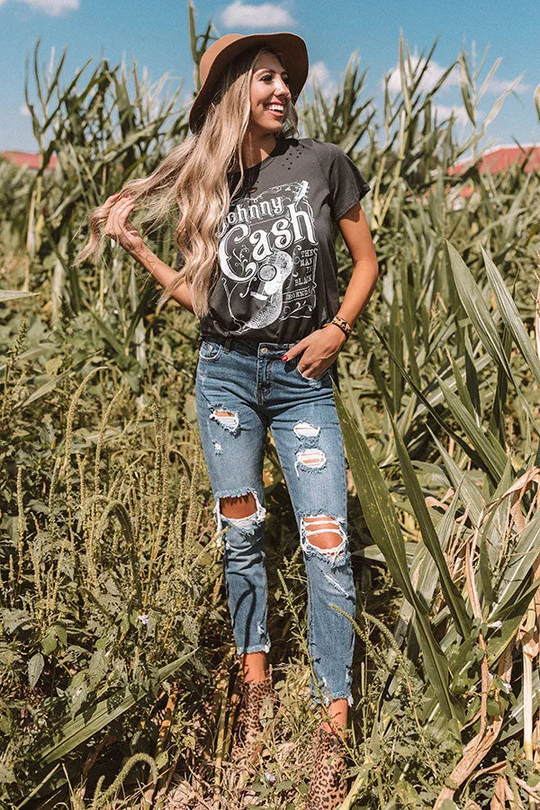 Johnny Cash Distressed Boyfriend Tee In Black