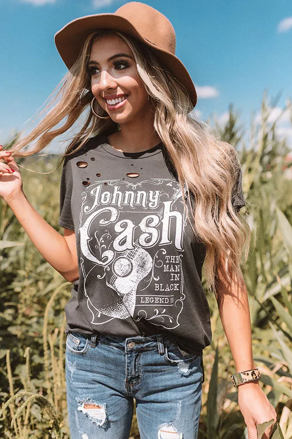Johnny Cash Distressed Boyfriend Tee In Black
