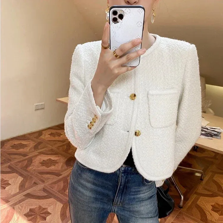 Joskaa 2024 Autumn New Black Tweed Coat Women Korean Elegant O-neck Slim Fit Tops  Y2k Grunge Long Sleeve Jackets Mujer