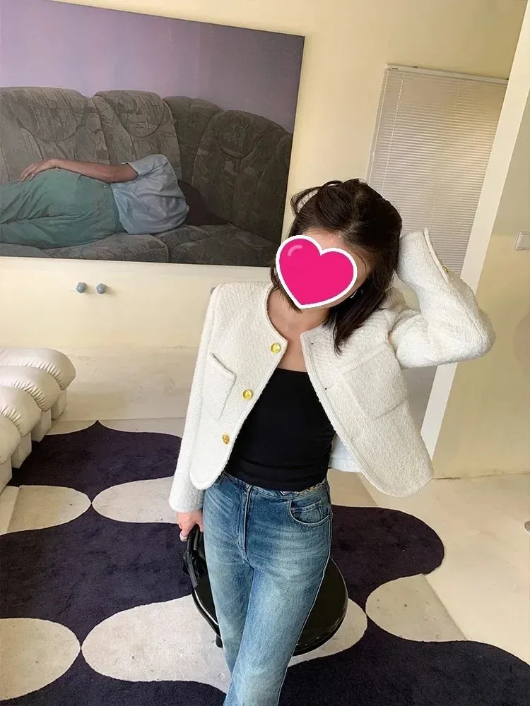 Joskaa 2024 Autumn New Black Tweed Coat Women Korean Elegant O-neck Slim Fit Tops  Y2k Grunge Long Sleeve Jackets Mujer
