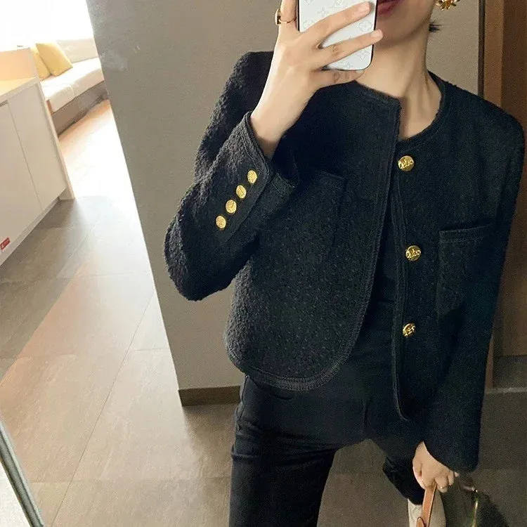 Joskaa 2024 Autumn New Black Tweed Coat Women Korean Elegant O-neck Slim Fit Tops  Y2k Grunge Long Sleeve Jackets Mujer