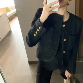 Joskaa 2024 Autumn New Black Tweed Coat Women Korean Elegant O-neck Slim Fit Tops  Y2k Grunge Long Sleeve Jackets Mujer
