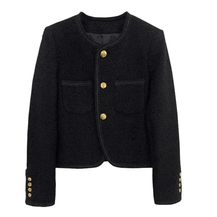 Joskaa 2024 Autumn New Black Tweed Coat Women Korean Elegant O-neck Slim Fit Tops  Y2k Grunge Long Sleeve Jackets Mujer