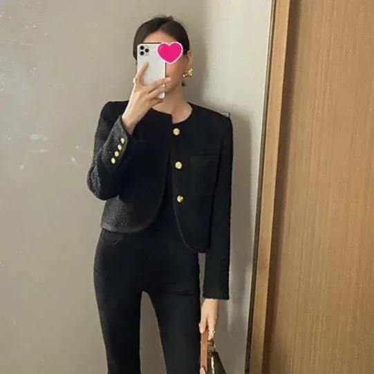 Joskaa 2024 Autumn New Black Tweed Coat Women Korean Elegant O-neck Slim Fit Tops  Y2k Grunge Long Sleeve Jackets Mujer