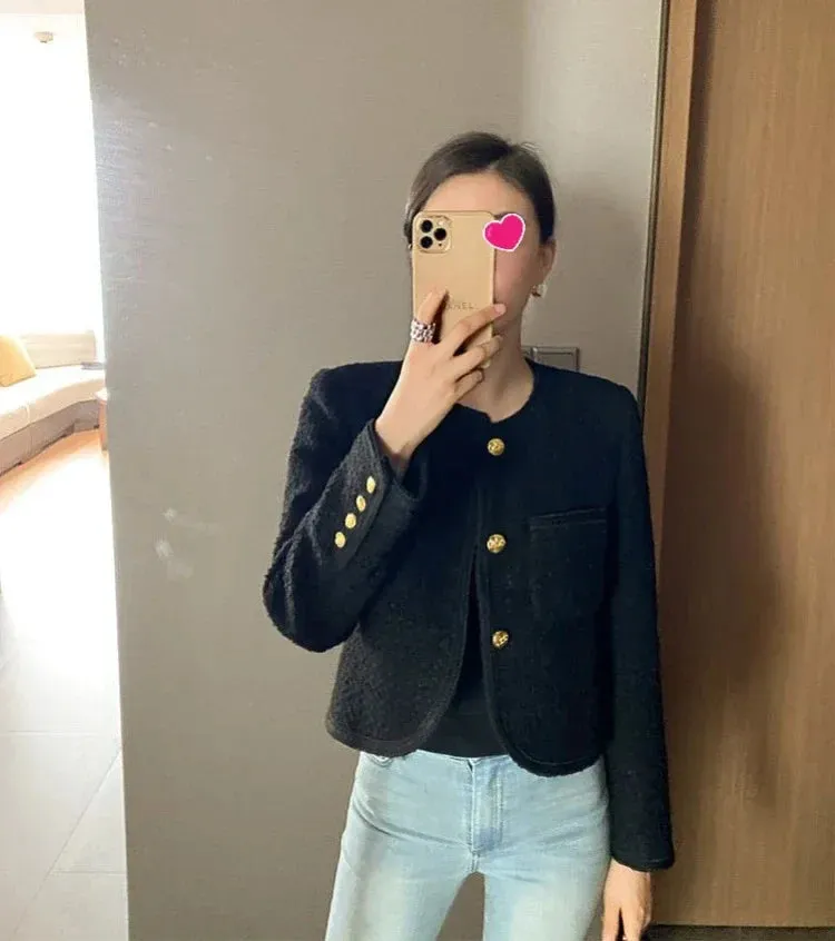 Joskaa 2024 Autumn New Black Tweed Coat Women Korean Elegant O-neck Slim Fit Tops  Y2k Grunge Long Sleeve Jackets Mujer