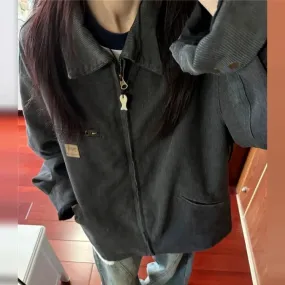 Joskaa 2024 New Denim Lapel Neck Coat Women American Vintage Loose Baseball Jackets Y2k Grunge Long Sleeve Zipper Tops Mujer