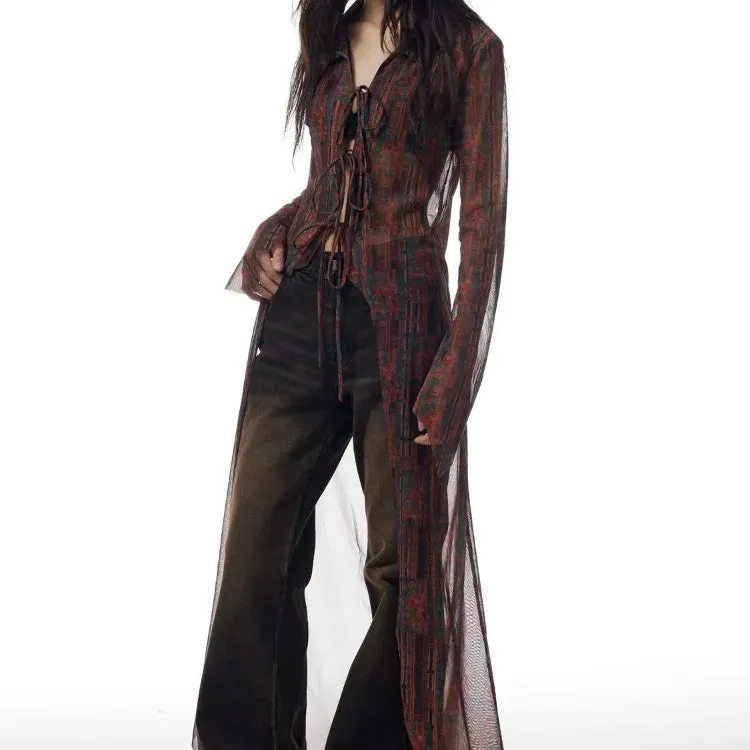 Joskaa American Retro Print Cardigan Jackets Summer Long Sleeve Mesh Sun Protection Coat Women Y2k Grunge Slim Fit Blusas Mujer Shirts