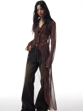 Joskaa American Retro Print Cardigan Jackets Summer Long Sleeve Mesh Sun Protection Coat Women Y2k Grunge Slim Fit Blusas Mujer Shirts