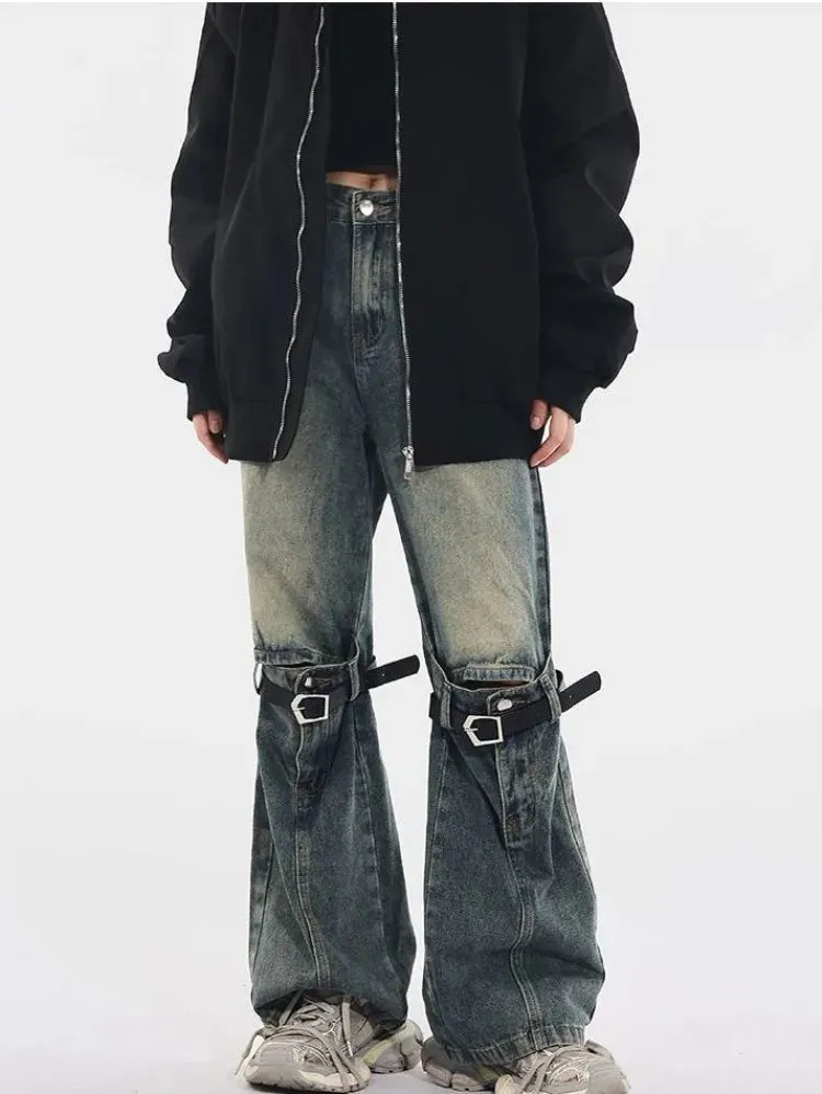 Joskaa American Retro Washed Bell Bottom Jeans Y2k Grunge High Waist Loose Denim Pants 2024 New Straight Wide Leg  Women