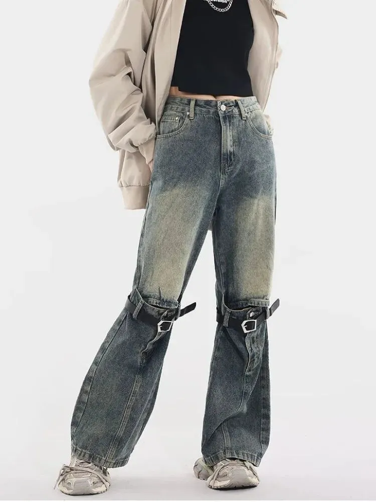 Joskaa American Retro Washed Bell Bottom Jeans Y2k Grunge High Waist Loose Denim Pants 2024 New Straight Wide Leg  Women