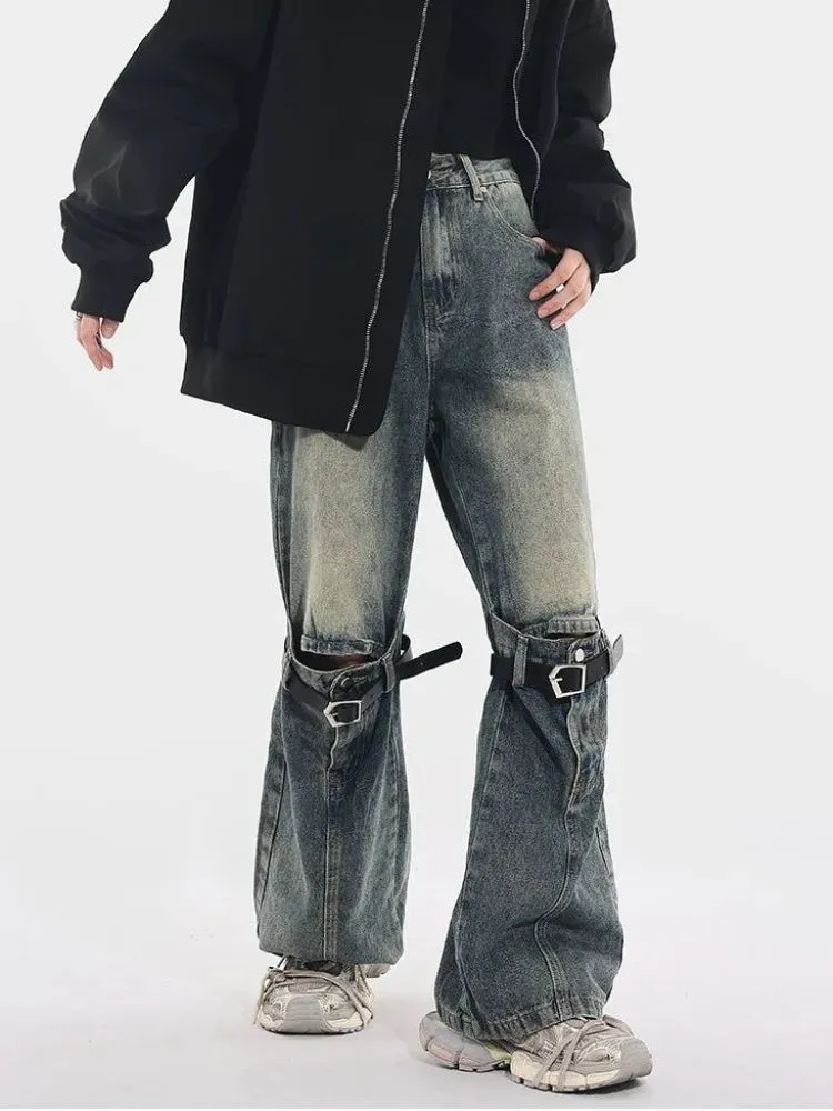 Joskaa American Retro Washed Bell Bottom Jeans Y2k Grunge High Waist Loose Denim Pants 2024 New Straight Wide Leg  Women
