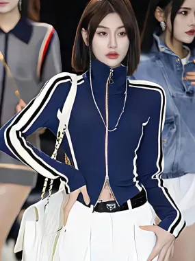 Joskaa Casual Sports Coat Women Spring Long Sleeve Zipper Striped Jacket Korean Fashion Vintage High Street Cool Girls Grunge Y2k Tops