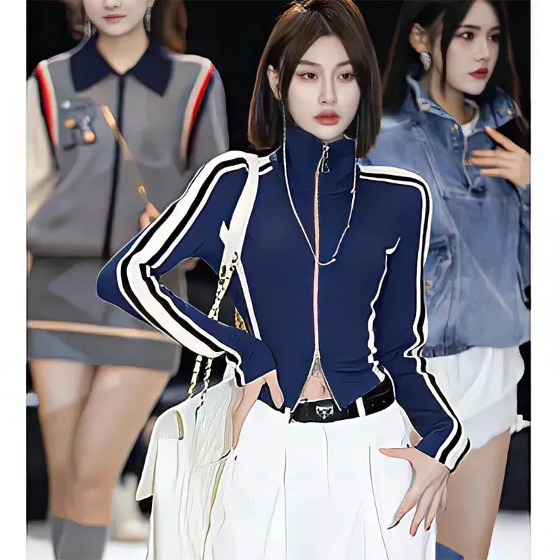 Joskaa Casual Sports Coat Women Spring Long Sleeve Zipper Striped Jacket Korean Fashion Vintage High Street Cool Girls Grunge Y2k Tops