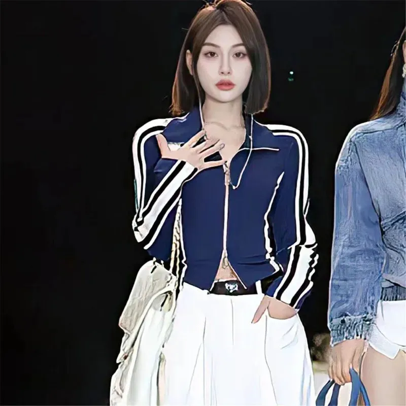 Joskaa Casual Sports Coat Women Spring Long Sleeve Zipper Striped Jacket Korean Fashion Vintage High Street Cool Girls Grunge Y2k Tops