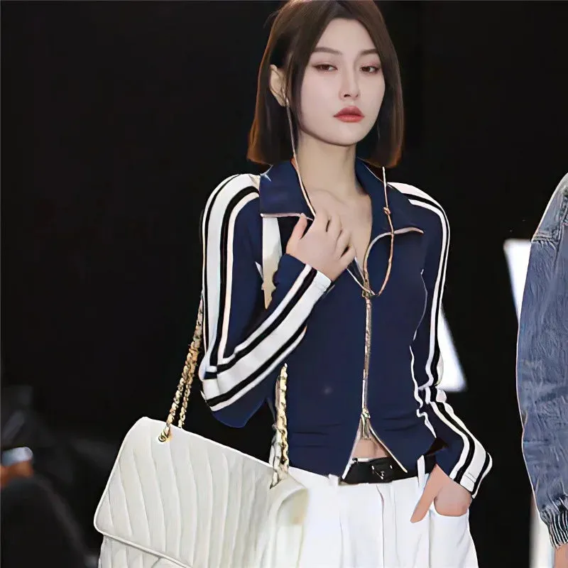 Joskaa Casual Sports Coat Women Spring Long Sleeve Zipper Striped Jacket Korean Fashion Vintage High Street Cool Girls Grunge Y2k Tops