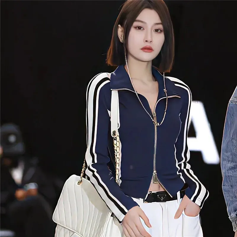 Joskaa Casual Sports Coat Women Spring Long Sleeve Zipper Striped Jacket Korean Fashion Vintage High Street Cool Girls Grunge Y2k Tops