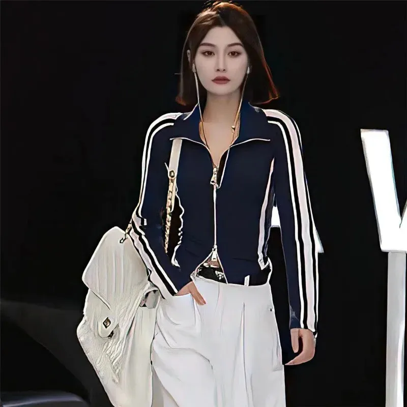 Joskaa Casual Sports Coat Women Spring Long Sleeve Zipper Striped Jacket Korean Fashion Vintage High Street Cool Girls Grunge Y2k Tops