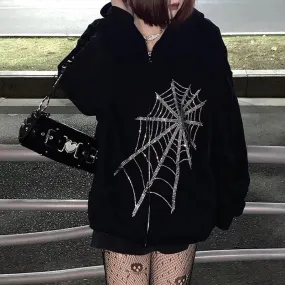 Joskaa Christmas Gift Gothic Black Rhinestone Punk Hooded Women Fairy Grunge Dark Academia Jacket Coat Harajuku Zipper Sweatshirts Emo Alt Clothing