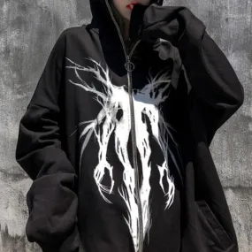 Joskaa Christmas Gift Punk Grunge Dark Print Zipper Ribbon Hooded Hoodie Women Casual Black Oversize Coat Grunge Harajuku Sweatshirt Streetwear Autumn