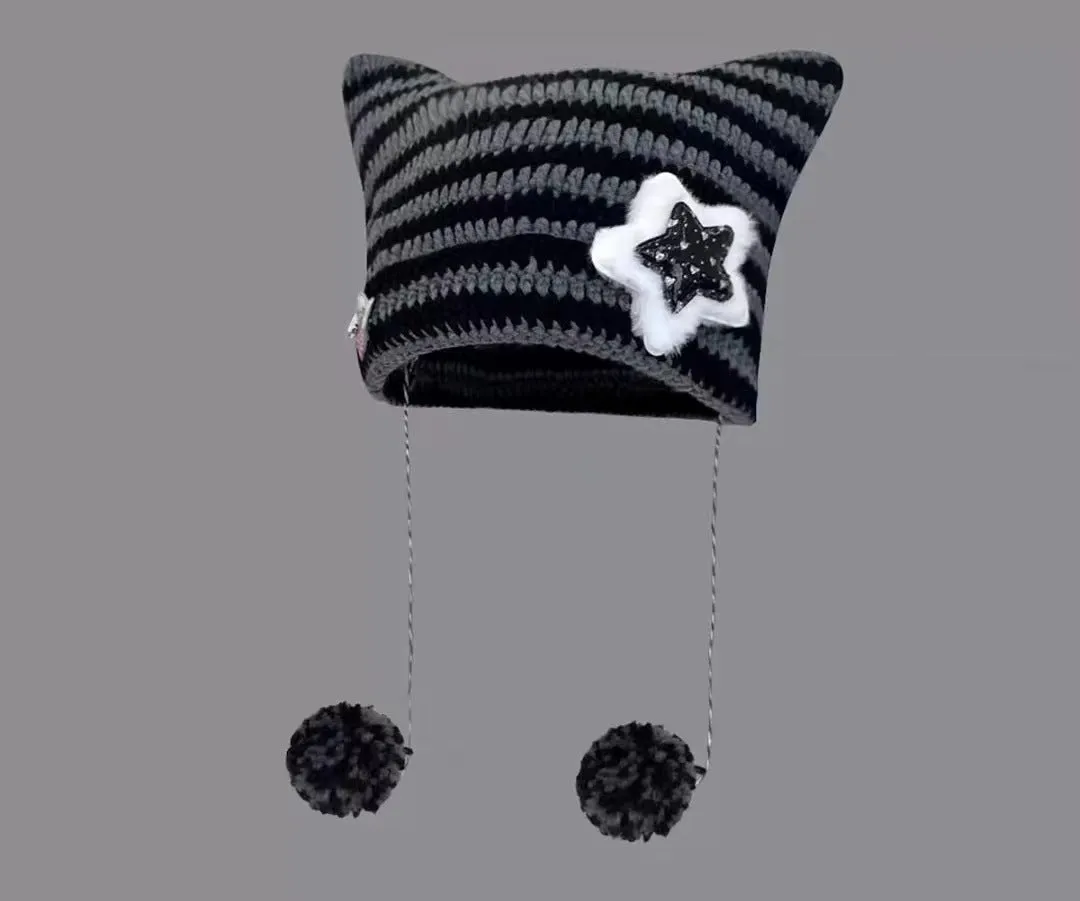 Joskaa grunge outfits Fur Ball Style Ins Little Devil Striped Knitted Wool Hat Punk Style Cat Ears Cute Pointed Hat Curling Cold Hat