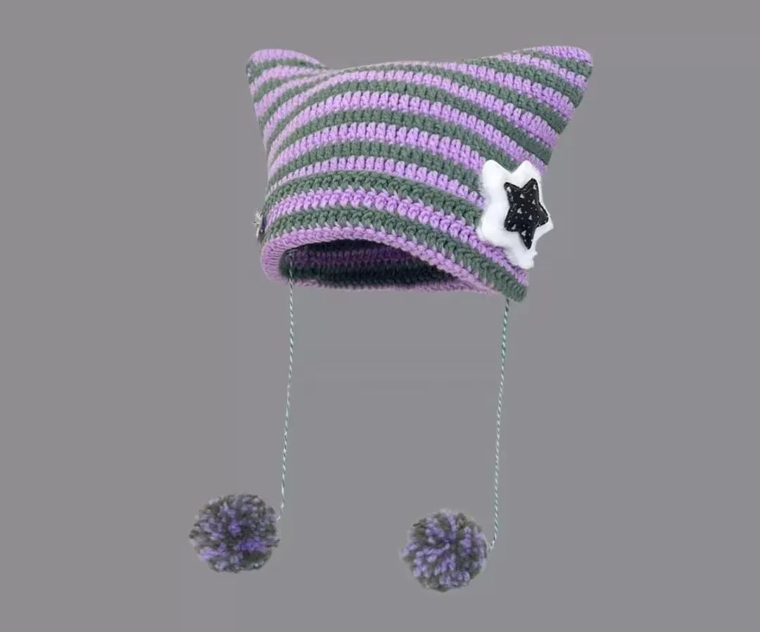 Joskaa grunge outfits Fur Ball Style Ins Little Devil Striped Knitted Wool Hat Punk Style Cat Ears Cute Pointed Hat Curling Cold Hat