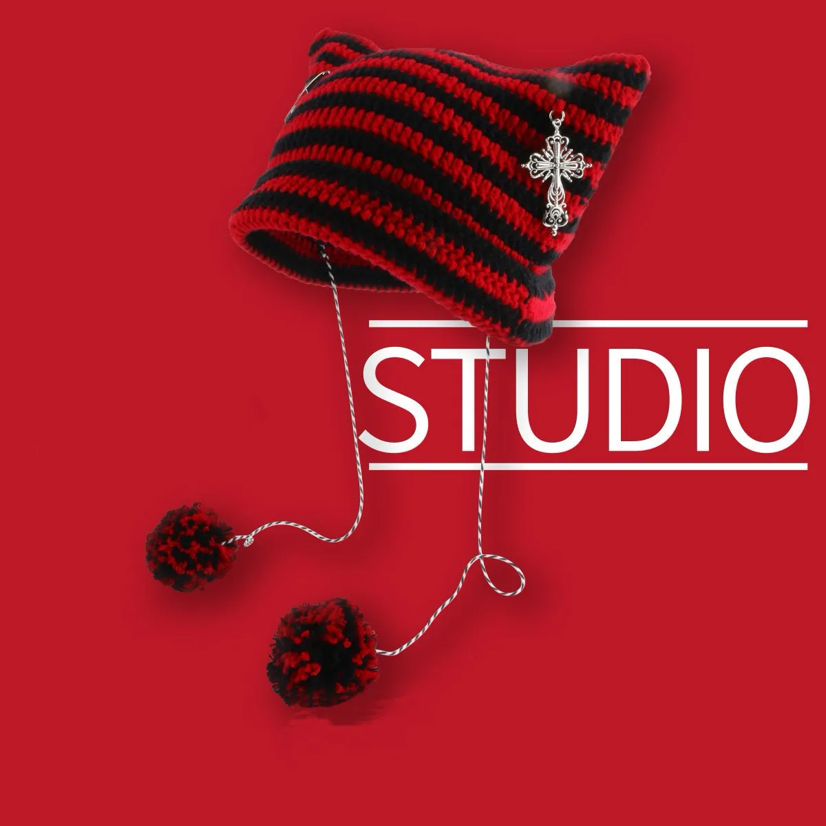 Joskaa grunge outfits Fur Ball Style Ins Little Devil Striped Knitted Wool Hat Punk Style Cat Ears Cute Pointed Hat Curling Cold Hat
