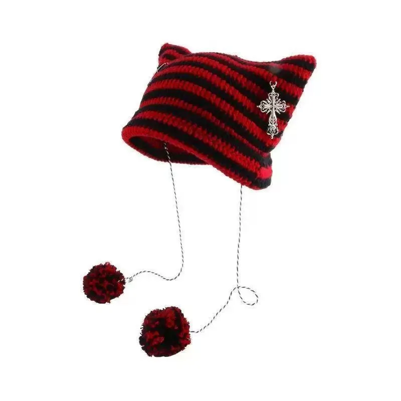 Joskaa grunge outfits Fur Ball Style Ins Little Devil Striped Knitted Wool Hat Punk Style Cat Ears Cute Pointed Hat Curling Cold Hat
