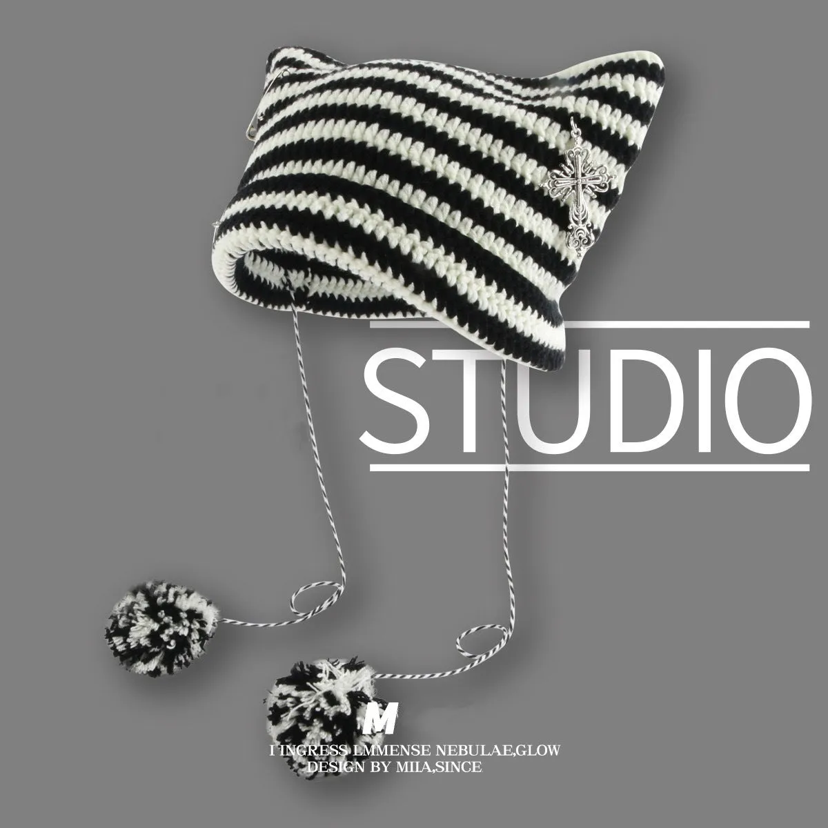 Joskaa grunge outfits Fur Ball Style Ins Little Devil Striped Knitted Wool Hat Punk Style Cat Ears Cute Pointed Hat Curling Cold Hat