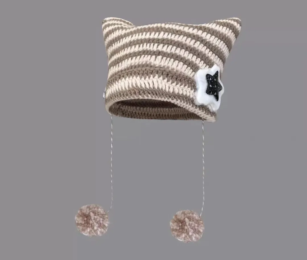 Joskaa grunge outfits Fur Ball Style Ins Little Devil Striped Knitted Wool Hat Punk Style Cat Ears Cute Pointed Hat Curling Cold Hat