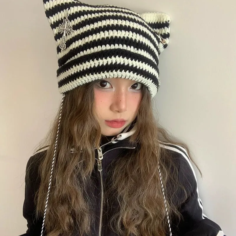 Joskaa grunge outfits Fur Ball Style Ins Little Devil Striped Knitted Wool Hat Punk Style Cat Ears Cute Pointed Hat Curling Cold Hat