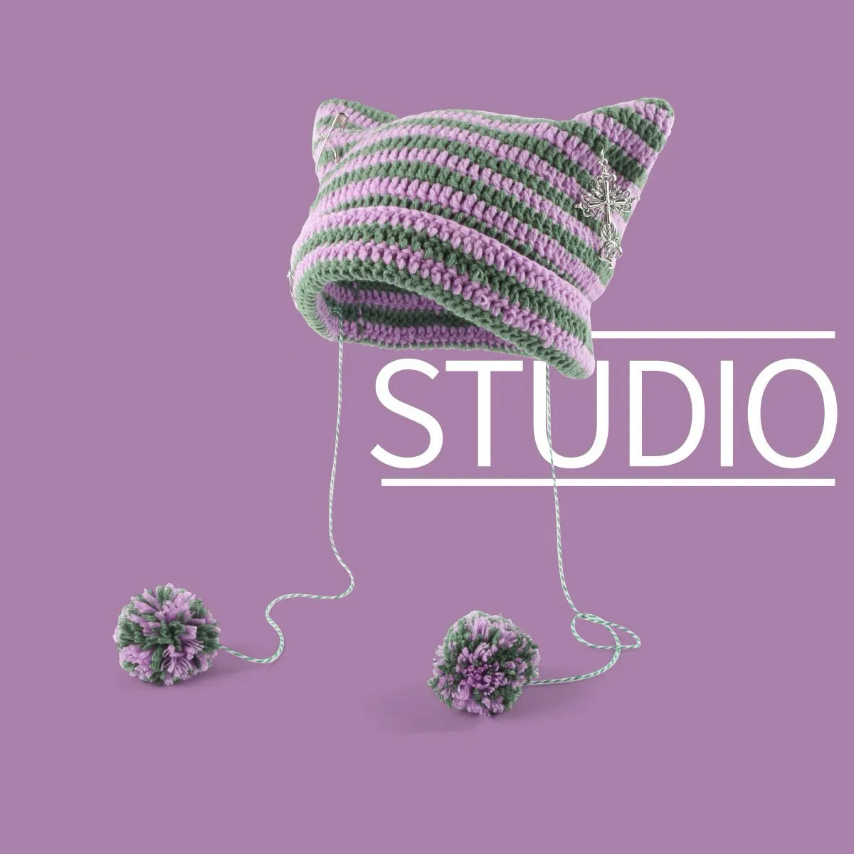 Joskaa grunge outfits Fur Ball Style Ins Little Devil Striped Knitted Wool Hat Punk Style Cat Ears Cute Pointed Hat Curling Cold Hat
