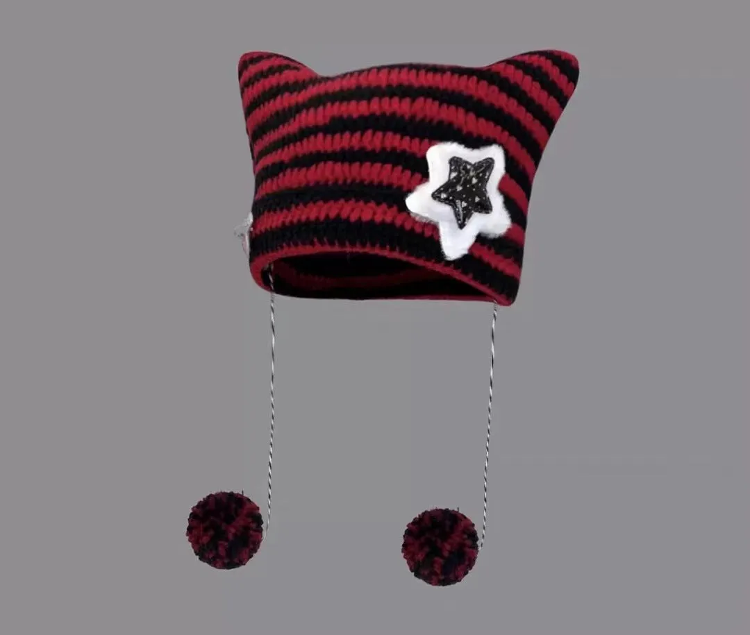 Joskaa grunge outfits Fur Ball Style Ins Little Devil Striped Knitted Wool Hat Punk Style Cat Ears Cute Pointed Hat Curling Cold Hat