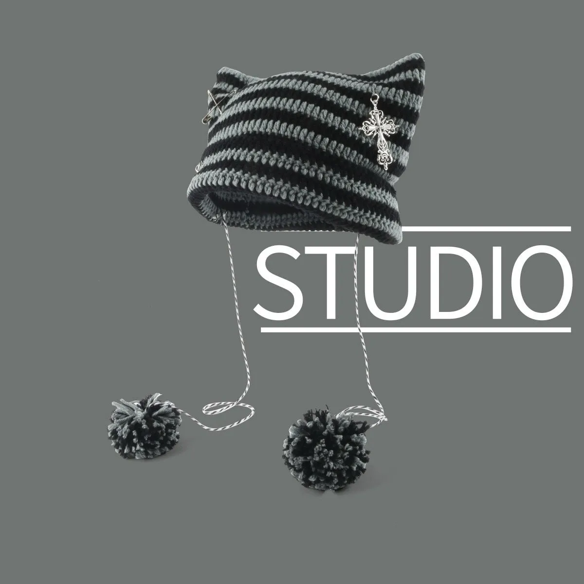 Joskaa grunge outfits Fur Ball Style Ins Little Devil Striped Knitted Wool Hat Punk Style Cat Ears Cute Pointed Hat Curling Cold Hat