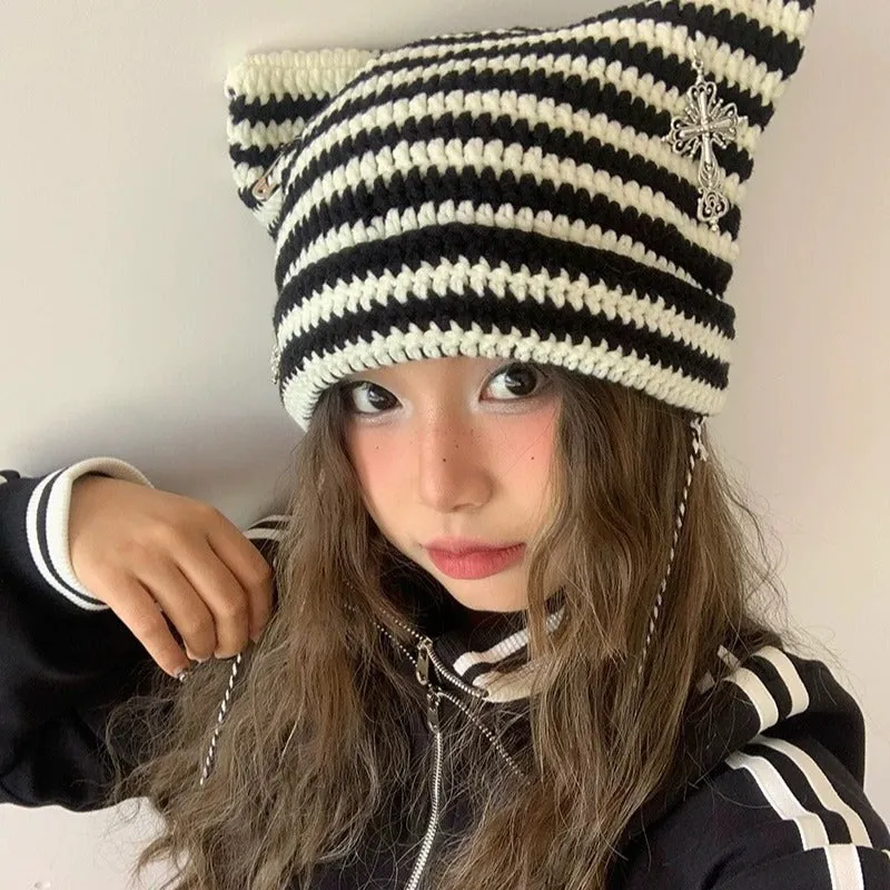 Joskaa grunge outfits Fur Ball Style Ins Little Devil Striped Knitted Wool Hat Punk Style Cat Ears Cute Pointed Hat Curling Cold Hat