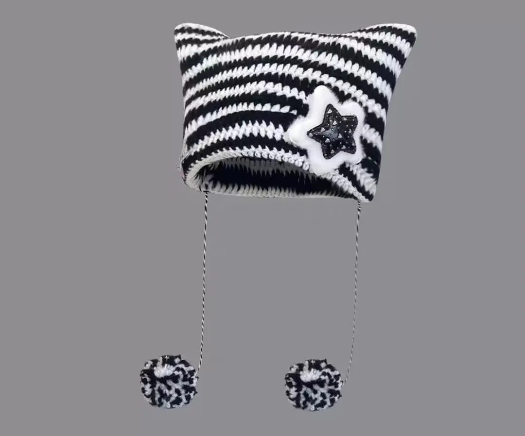 Joskaa grunge outfits Fur Ball Style Ins Little Devil Striped Knitted Wool Hat Punk Style Cat Ears Cute Pointed Hat Curling Cold Hat