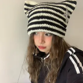 Joskaa grunge outfits Fur Ball Style Ins Little Devil Striped Knitted Wool Hat Punk Style Cat Ears Cute Pointed Hat Curling Cold Hat